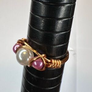 Pink white ring plastic pearls handmade cooper wire wrap